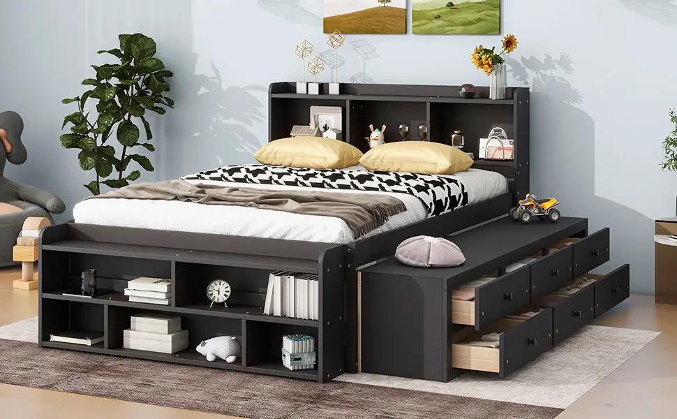 Bed With Bookcase Headboard, Under Bed Storage Drawers And Bed End Storage Case by Unique Piece Furniture