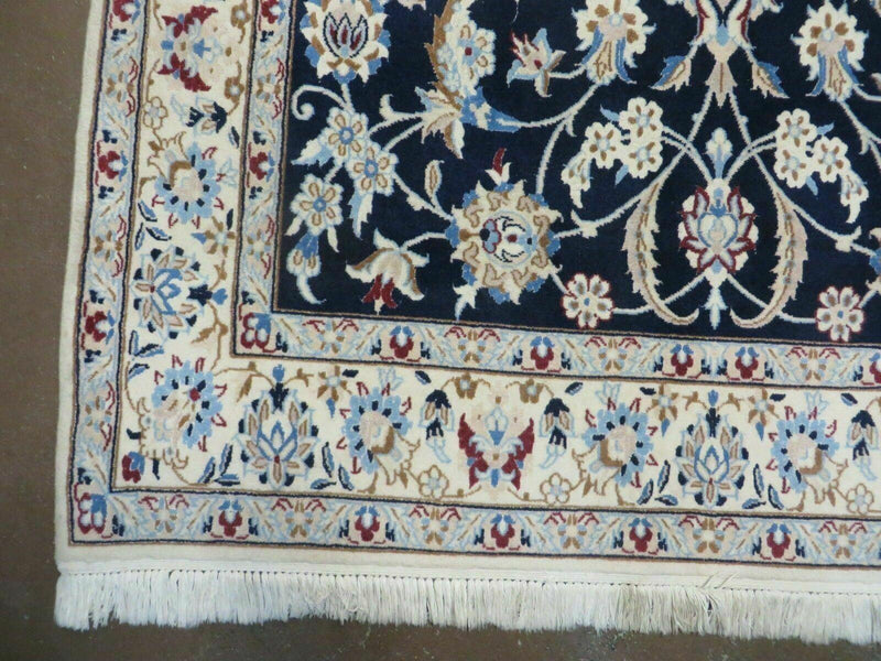 Persian Nain Rug 4x7, Navy Blue and Ivory, Handmade, Wool & Silk Highlights, Fine Oriental Rug, Vintage by Jewel Rugs