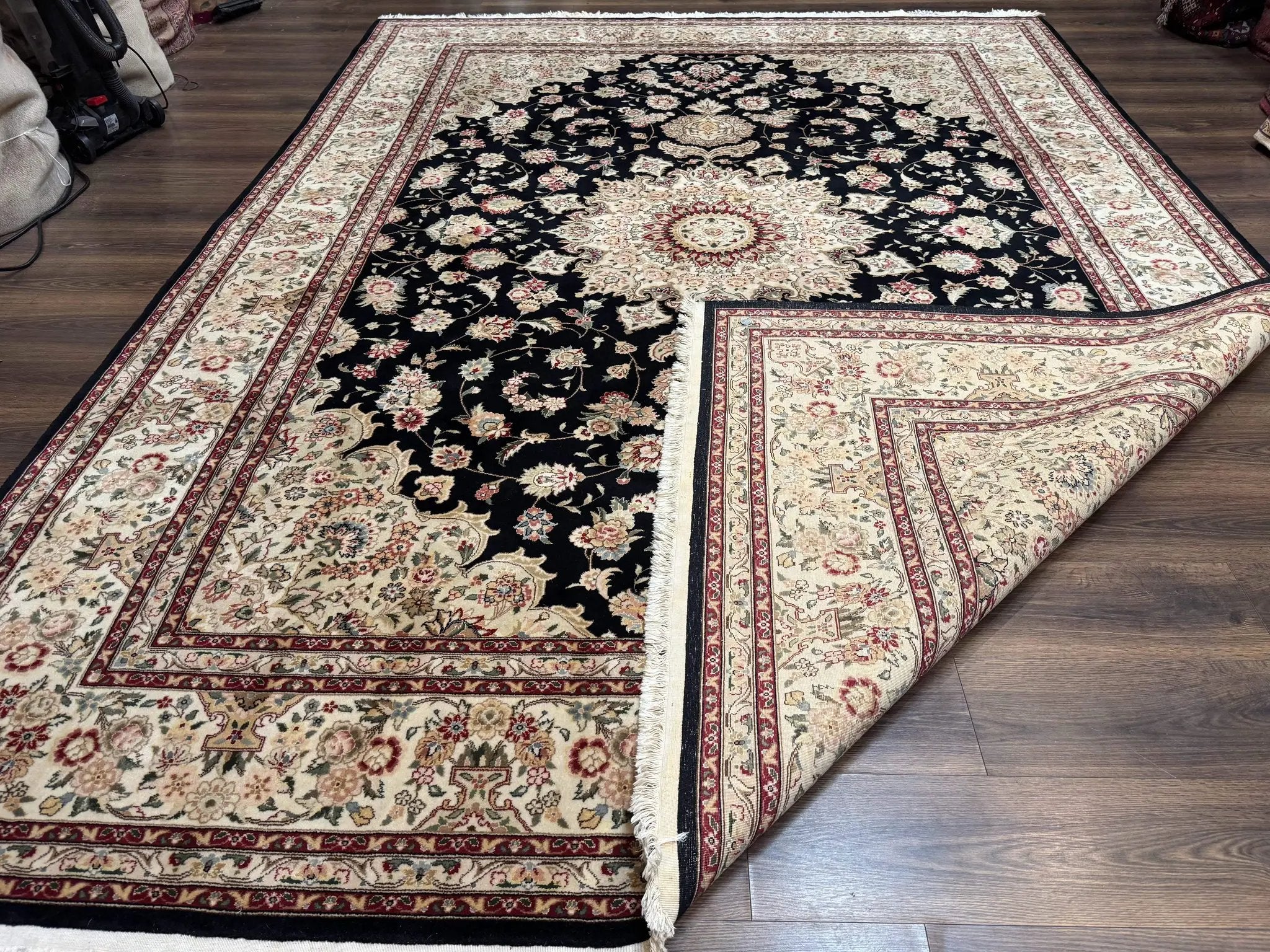 Sino Persian Rug 9x12, Black and Beige, Floral Medallion, Wool & Silk, Handmade by Jewel Rugs