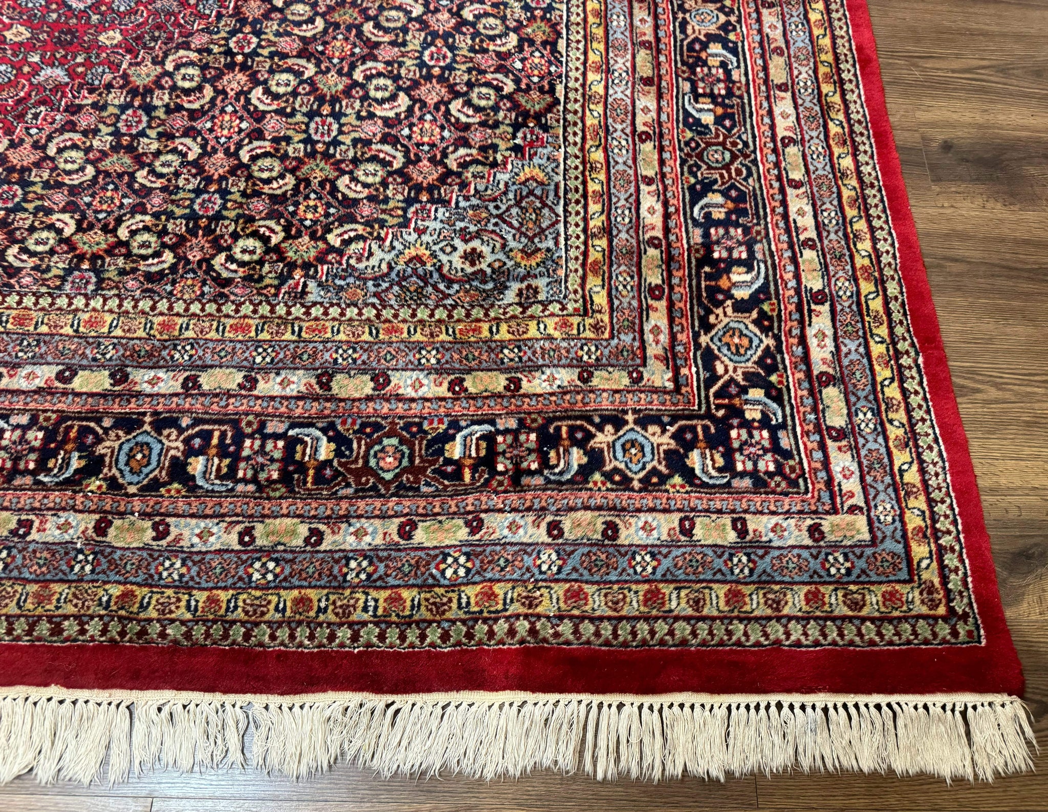 Indo Persian Bidjar Rug 10x14, Red and Dark Blue, Herati Mahi Pattern, Vintage by Jewel Rugs