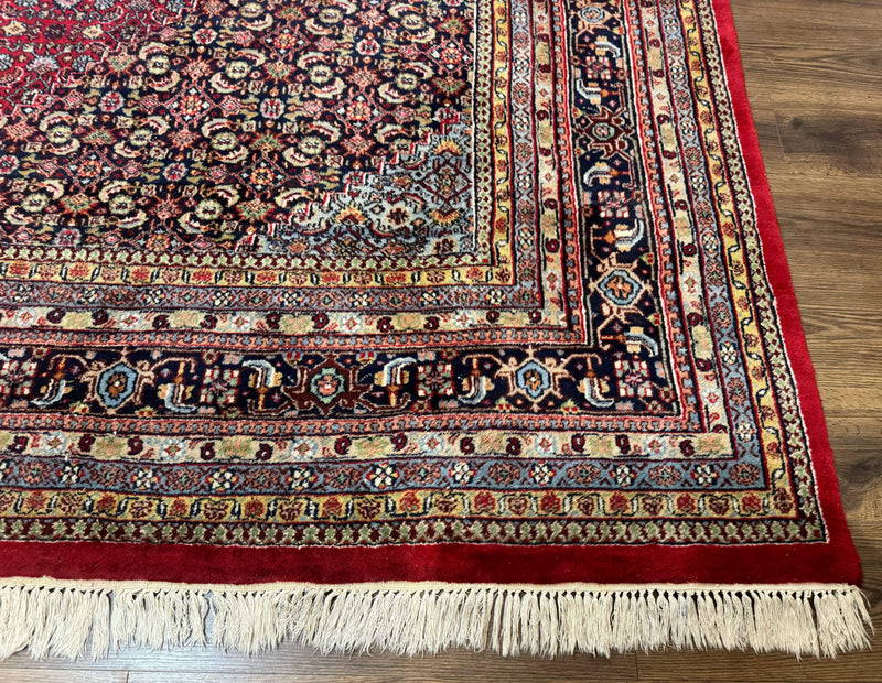 Indo Persian Bidjar Rug 10x14, Red and Dark Blue, Herati Mahi Pattern, Vintage by Jewel Rugs