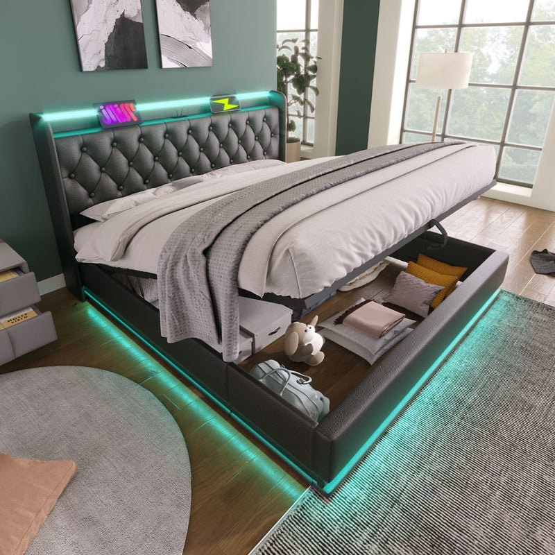 Upholstered Bed, 360 Surround LED Function, Remote Control, Hydraulic Storage Bed With USB, Type-C Charging (Without Mattress) by HouseOfZazla