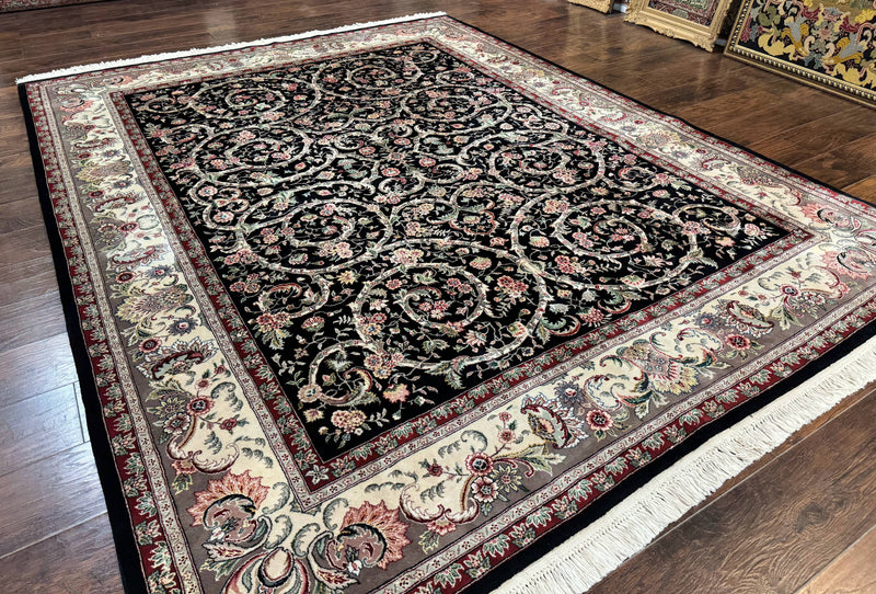 Black Pak Persian Rug 8x11, Floral Pattern, Hand Knotted Vintage Wool Rug with Silk Highlights, Fine 200 KPSI by Jewel Rugs