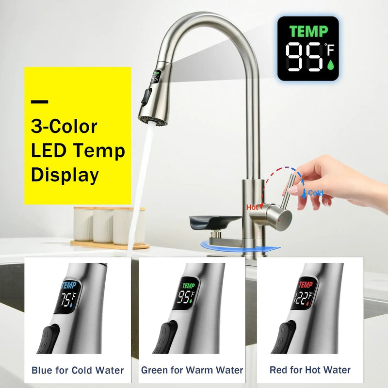 3-in-1 Kitchen Faucet with LED Temperature Display, Press-Type Glass Rinser, Pull-Down Sprayer, 3 Spray Modes, Brushed Nickel Finish, Stainless Steel Construction by HouseOfZazla