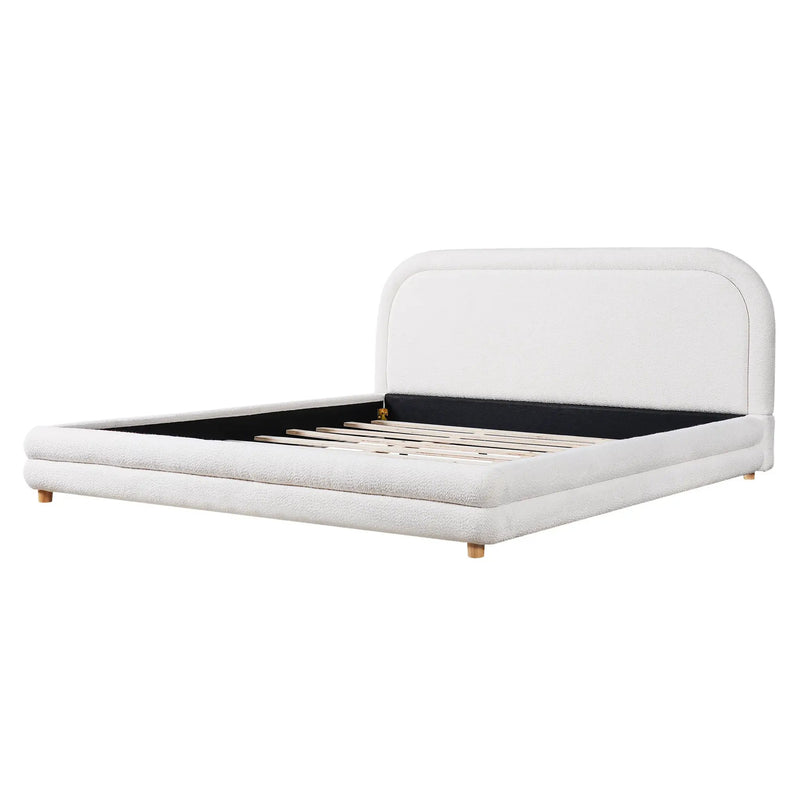 King Size Bed Frame With Boucle Upholstered Thick Curved Headboard, Solid Wood Legs by HouseOfZazla