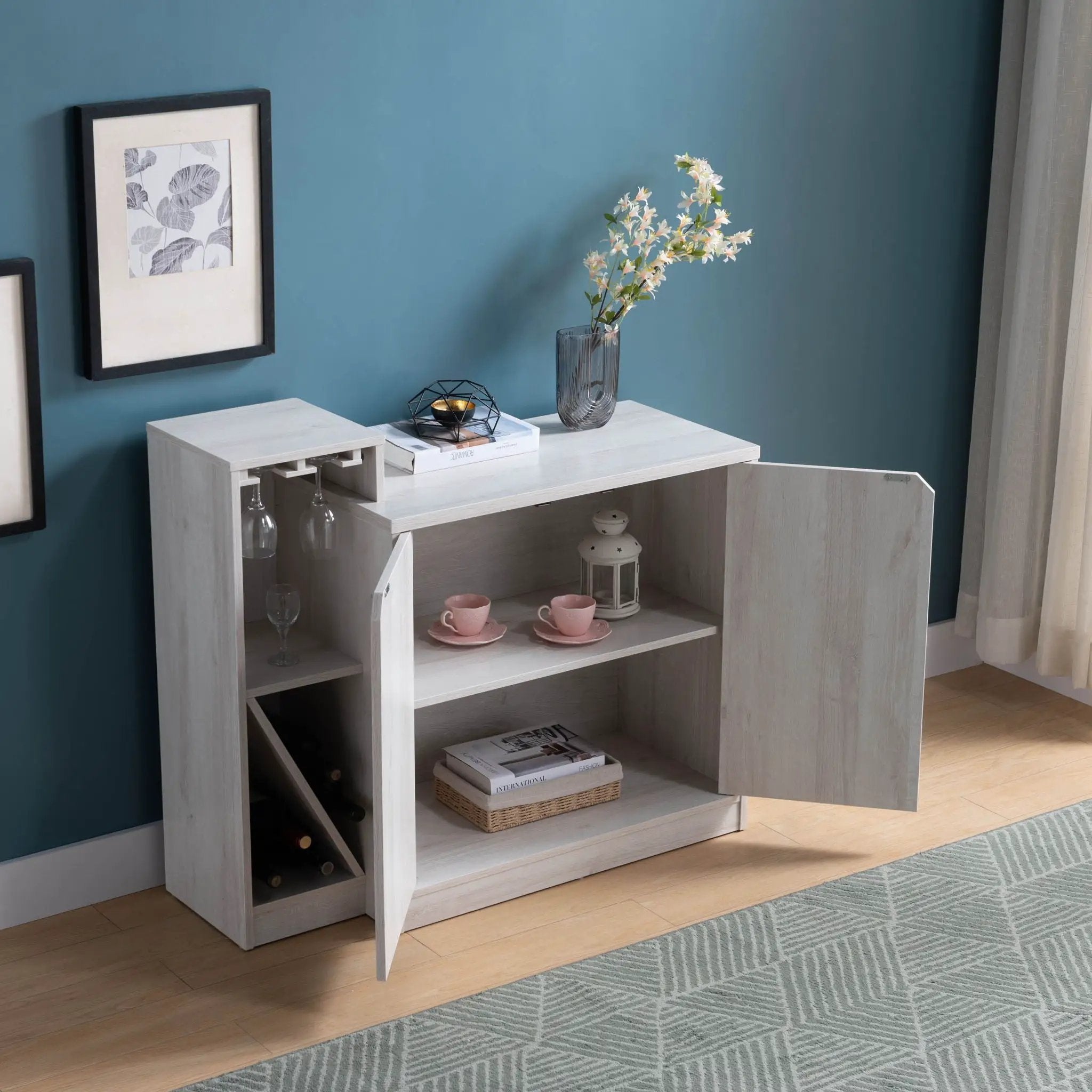 Bar Cabinet, Wine Bottle Storage Display Kitchen Cabinet, Holds 4 Wine Bottles - White Oak by Unique Piece Furniture