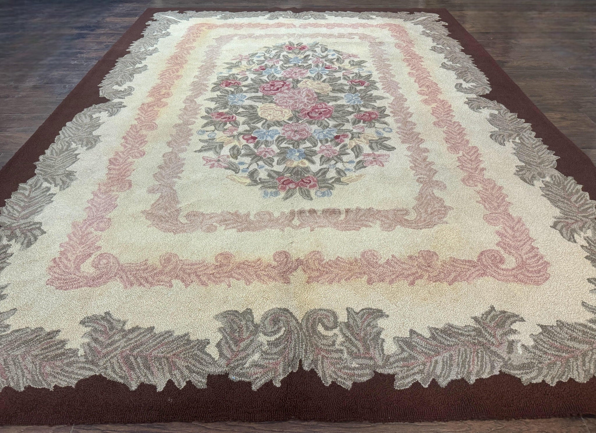 American Hand Hooked Rug 9x12, Vintage Aubusson Carpet, Wool by Jewel Rugs