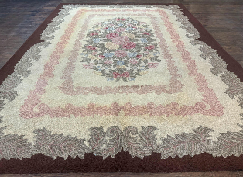 American Hand Hooked Rug 9x12, Vintage Aubusson Carpet, Wool by Jewel Rugs