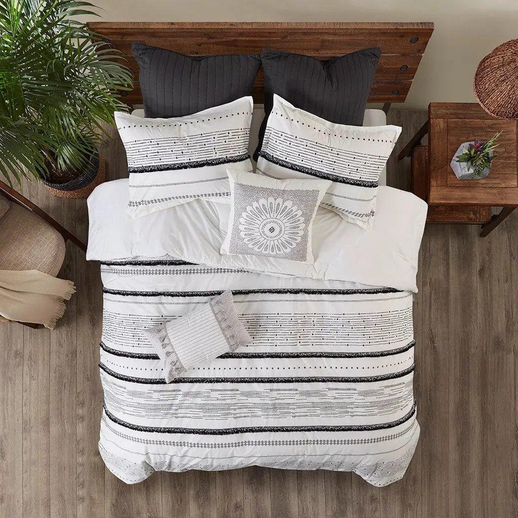 Cotton Printed Comforter Set with Trims Black/White King/Cal King by HouseOfZazla