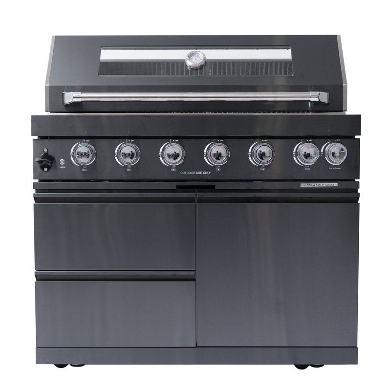 NG 85" 6-Burner 85,000 BTU Black Outdoor Kitchen Island Grill Refrigerator + Rotisserie Kit + Sink by Chery Industrial