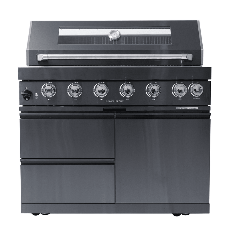 NG 85" 6-Burner 85,000 BTU Black Outdoor Kitchen Island Grill Refrigerator + Rotisserie Kit + Sink by Chery Industrial