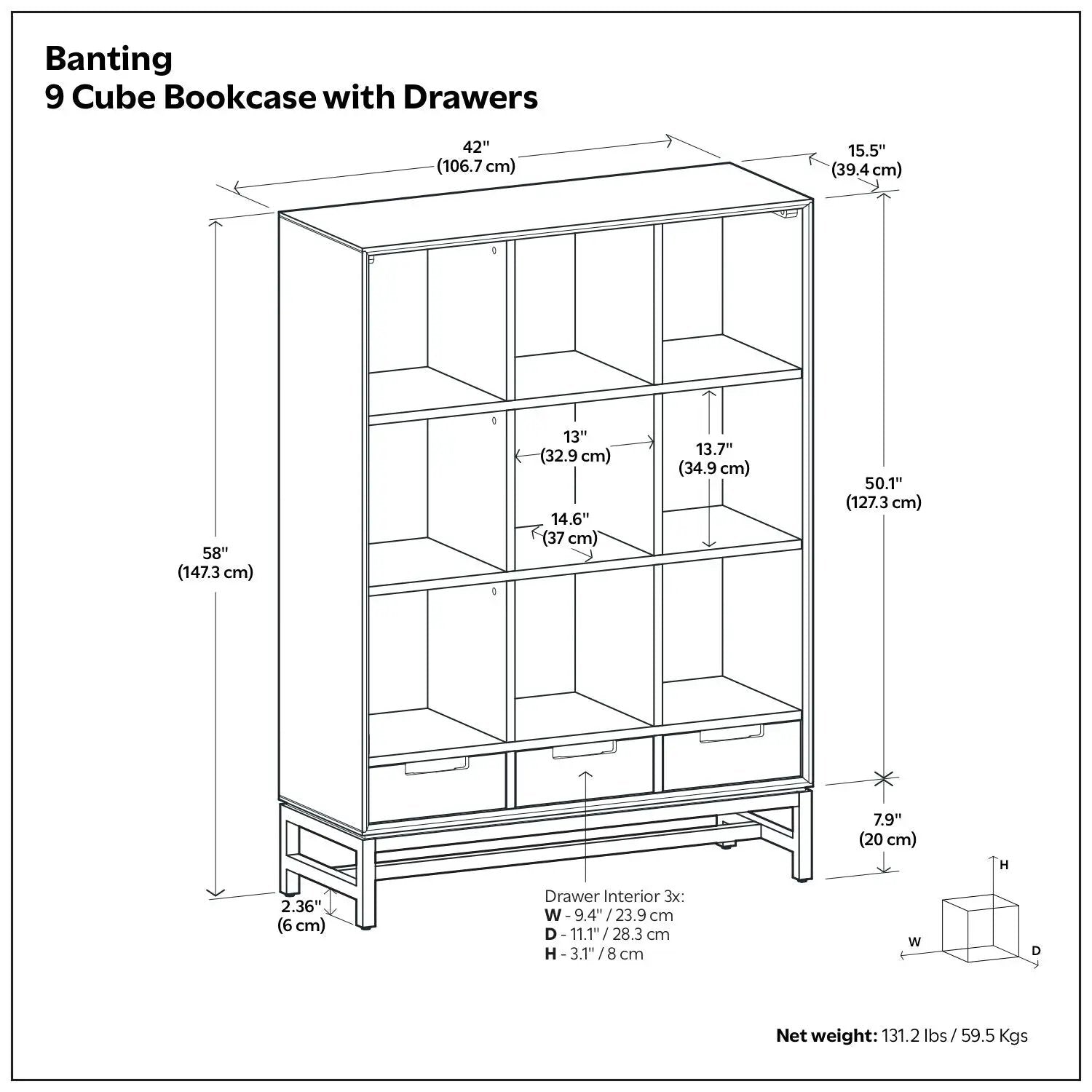 Banting - 9 Cube Bookcase With Drawers - Walnut Brown by Unique Piece Furniture