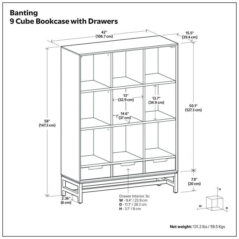 Banting - 9 Cube Bookcase With Drawers - Walnut Brown by Unique Piece Furniture