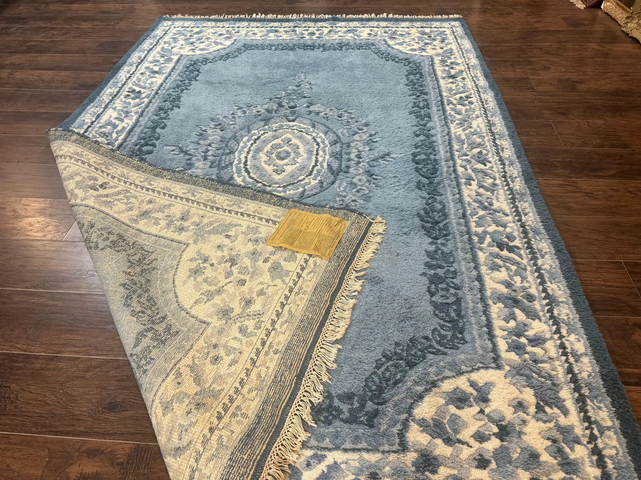 Indo Chinese Aubusson Rug 6x9, Light Blue and Ivory, Handmade Vintage Wool Carpet by Jewel Rugs