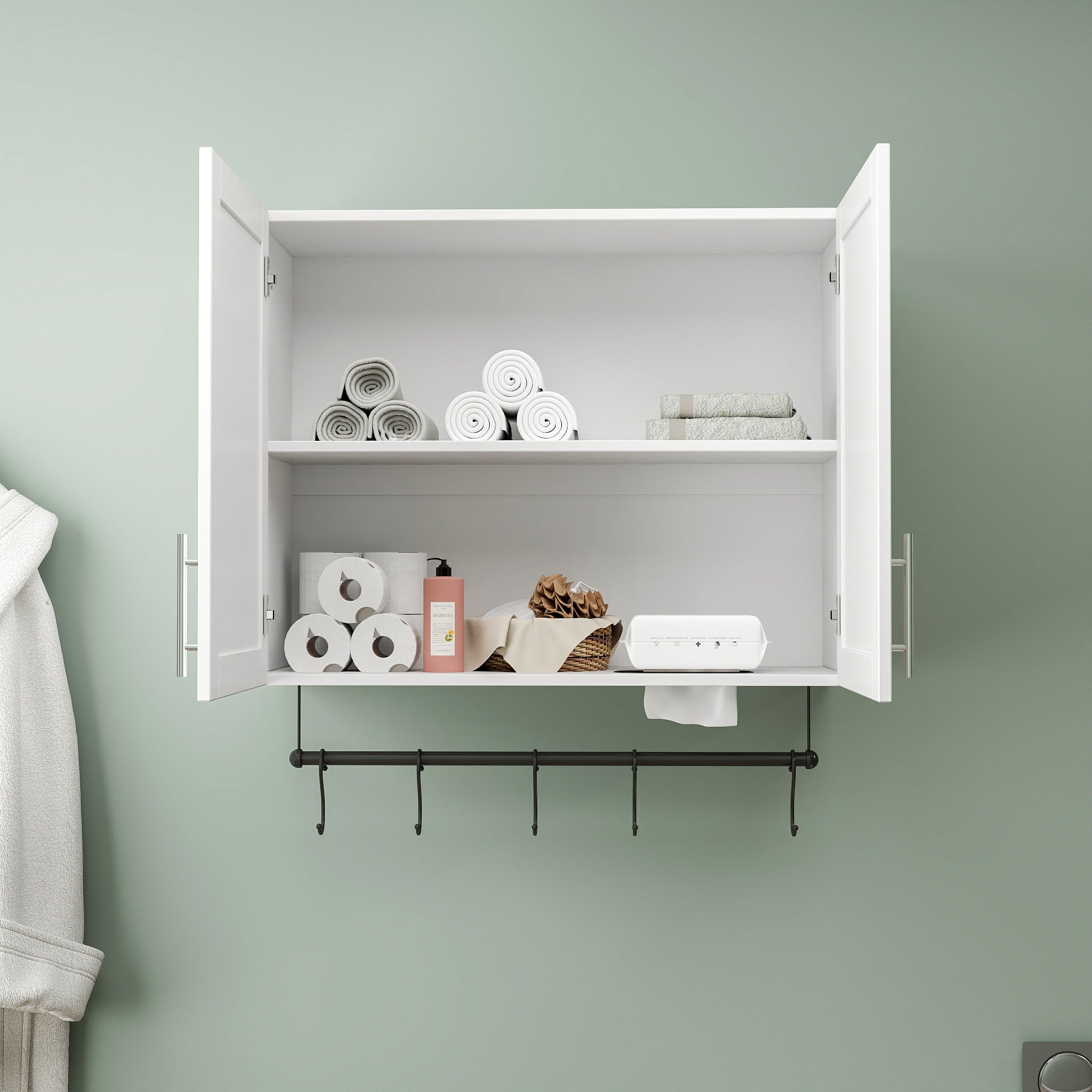 Bathroom Wall Cabinet with Adjustable Shelf, Towel Bar, and 5 Hooks by HouseOfZazla