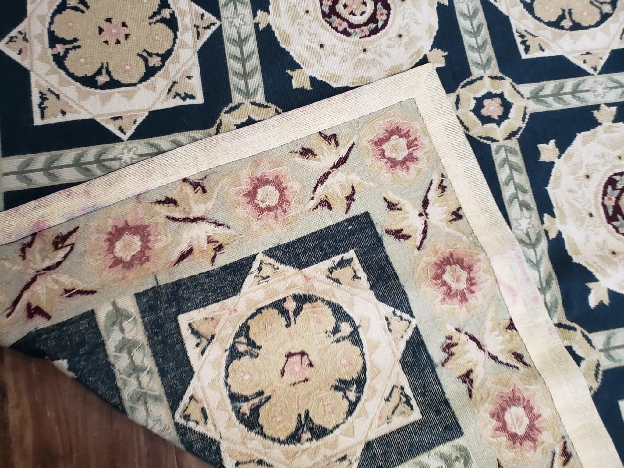 Vintage Chinese Needlepoint Rug 6x9, Panel Design Area Rug Wool Hand-Woven Black & Ivory Carpet Flat Weave Bedroom Rug 6 x 9 Living Room Rug by Jewel Rugs