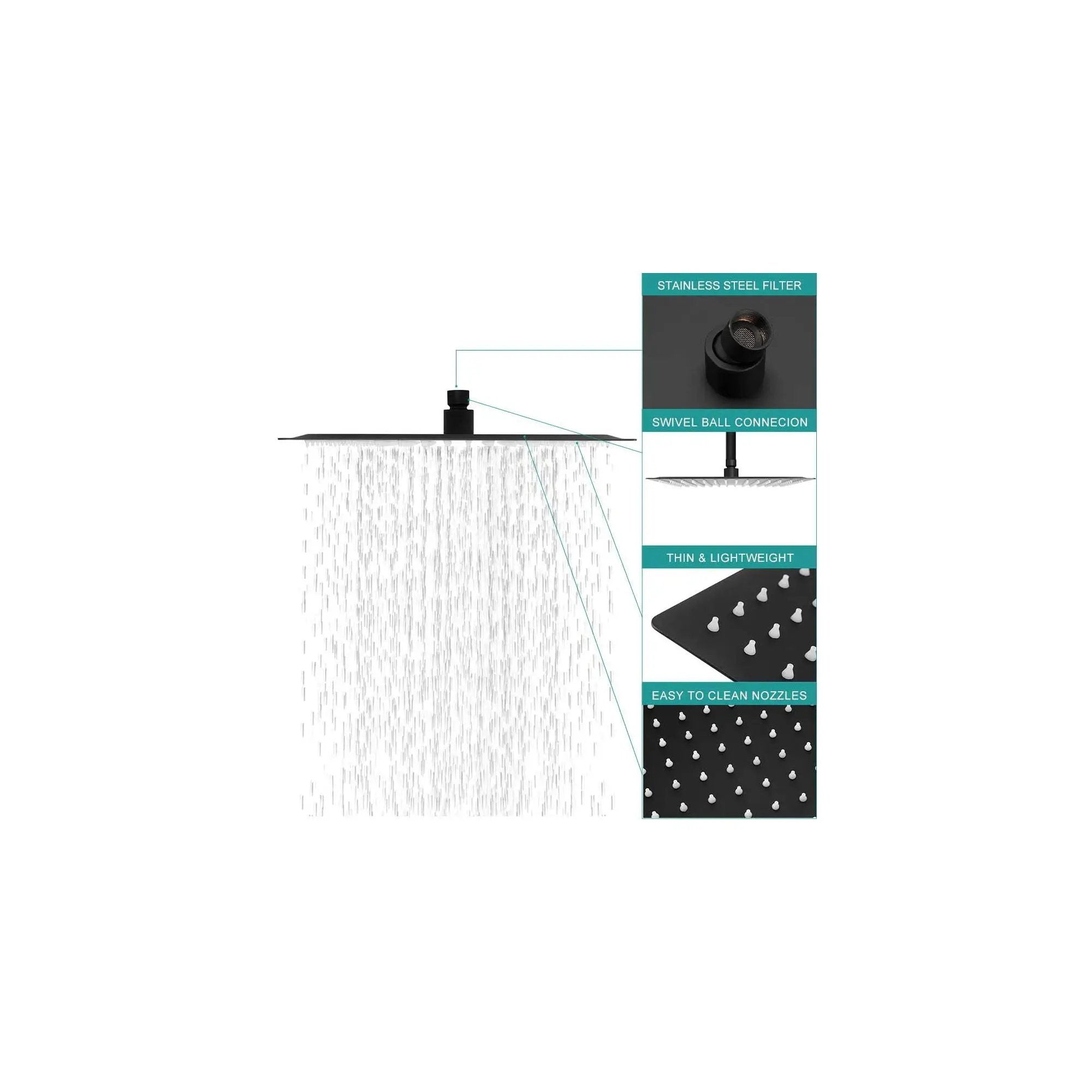 12" Square Rainfall Shower Head With Wall / Ceiling Mount, 304 Stainless Steel - Matte Black
