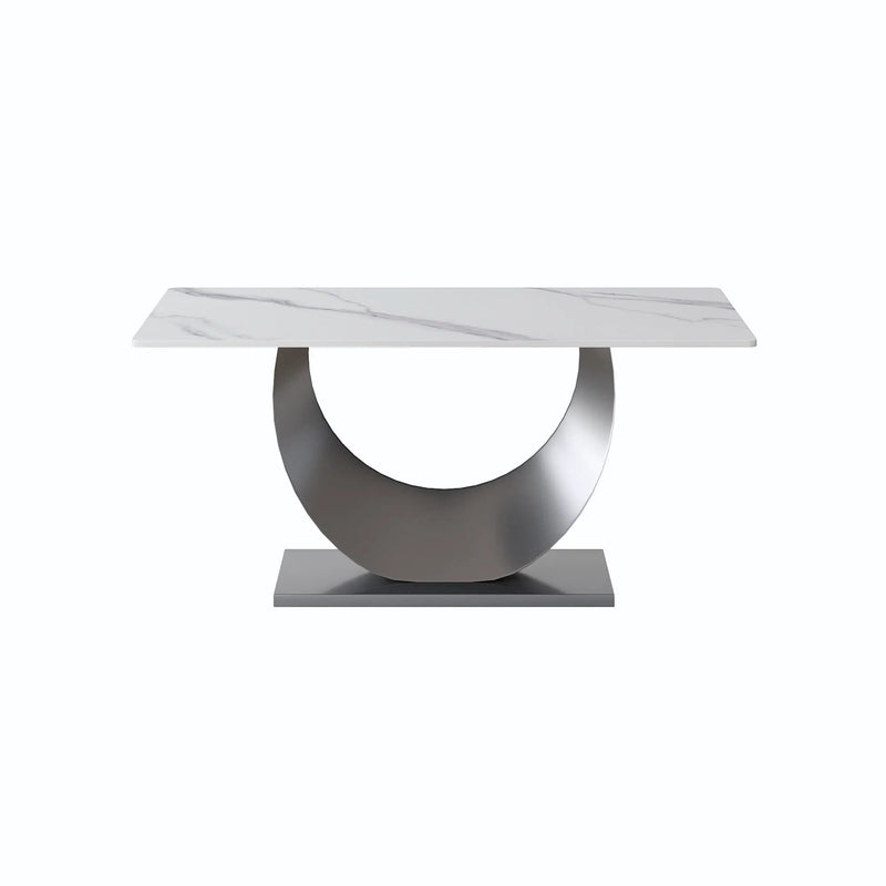 63" Modern Artificial Stone Crescent-Shaped Metal Legs, Can Accommodate 6-8 People - White / Black by HouseOfZazla