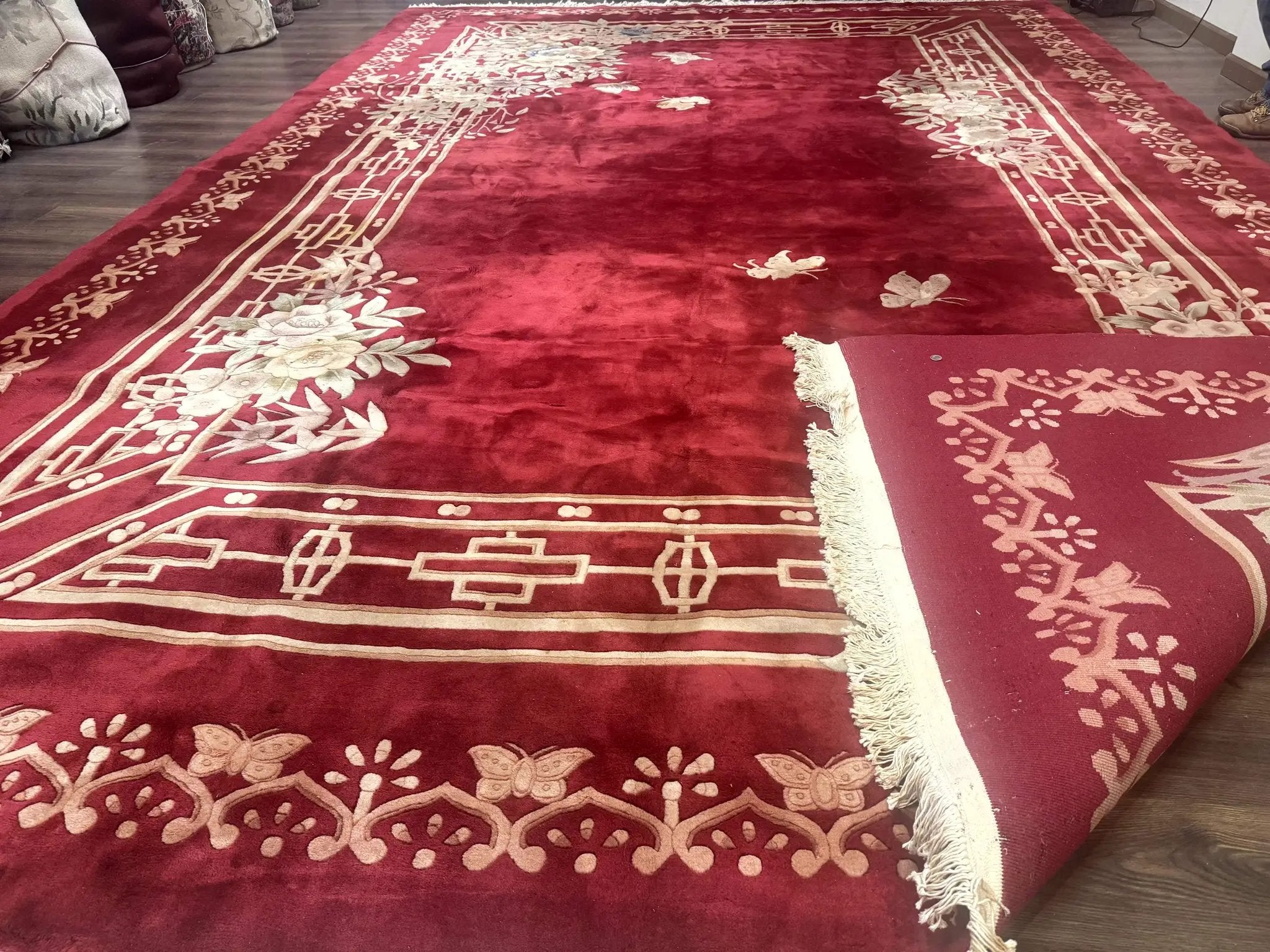 Palace Size Chinese Wool Rug 12x18, Red Art Deco Chinese Carving Carpet, Butterflies Flowers by Jewel Rugs