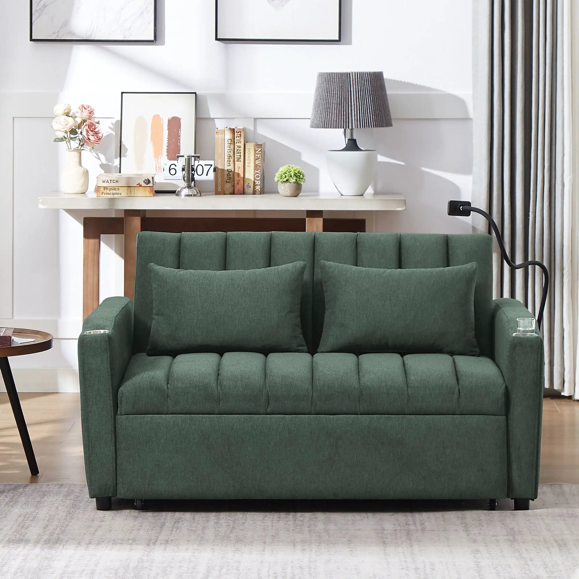 Convertible Sofa Bed Loveseat Sofa With Three USB Ports, Two Side Pockets, Two Cup Holders And 360° swivel Phone Holder For Living Room by Unique Piece Furniture