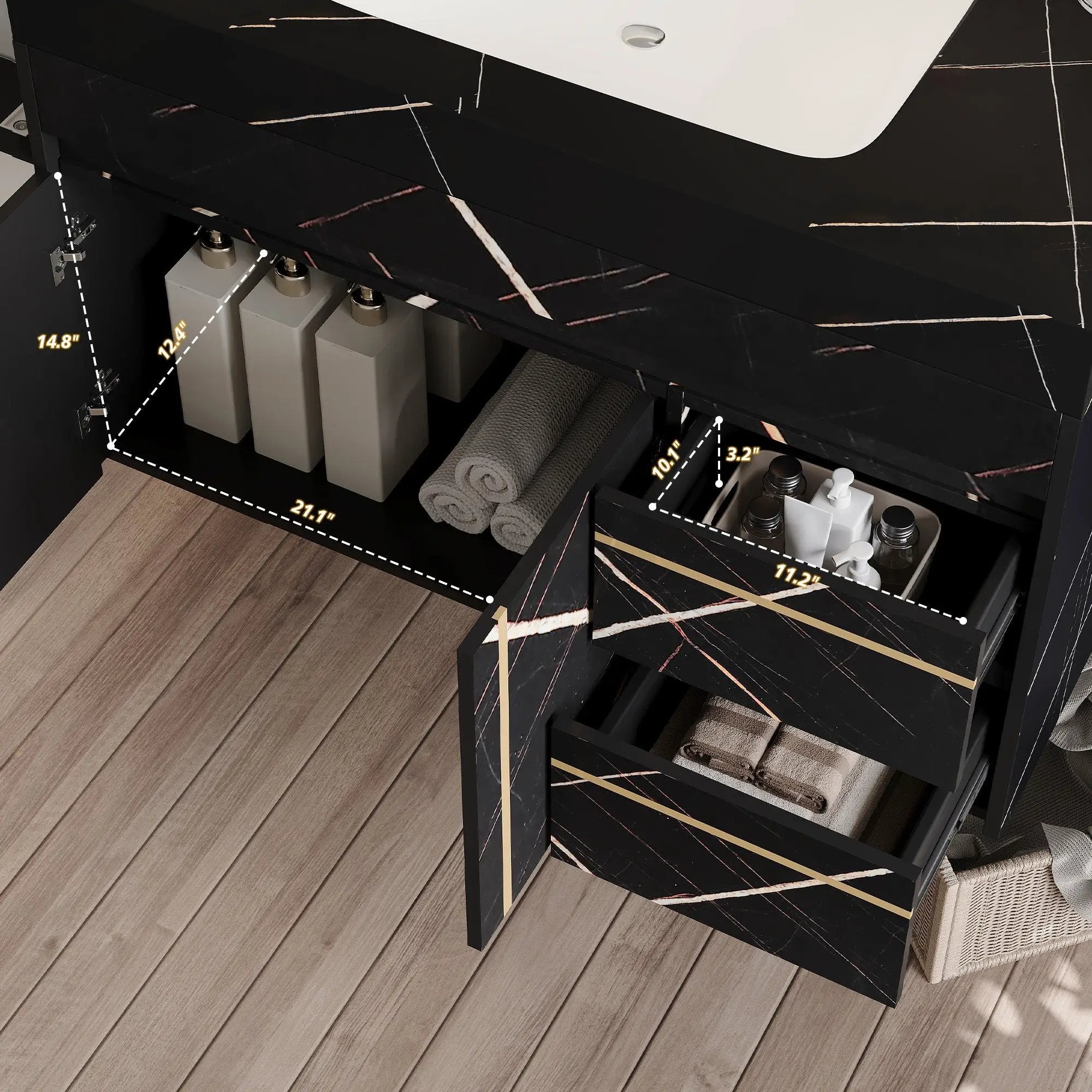 35.2 in Floating Bathroom Vanity with Sink and Faux Marble Top by HouseOfZazla