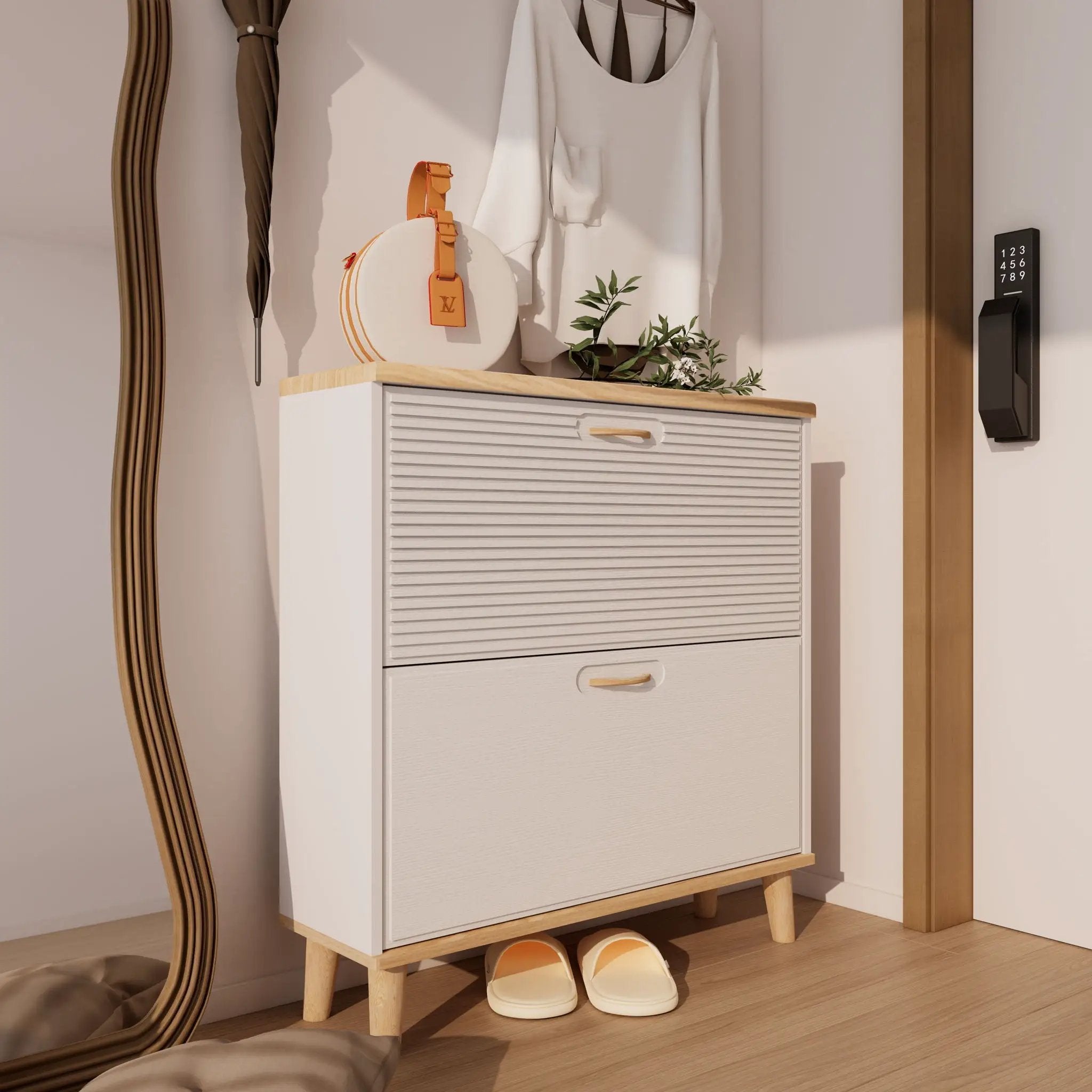 Narrow - Entryway Shoe Storage Cabinet With 2 Flip Drawers Legs - Natural / White by HouseOfZazla