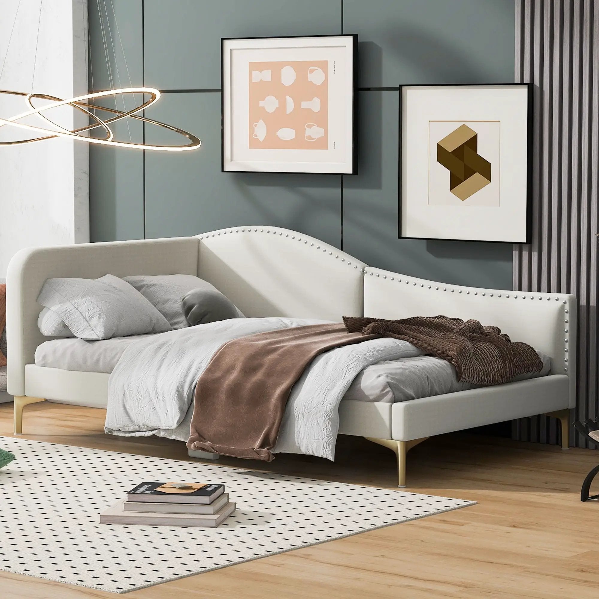 Upholstered Daybed With Headboard And Armrest, Support Legs by HouseOfZazla
