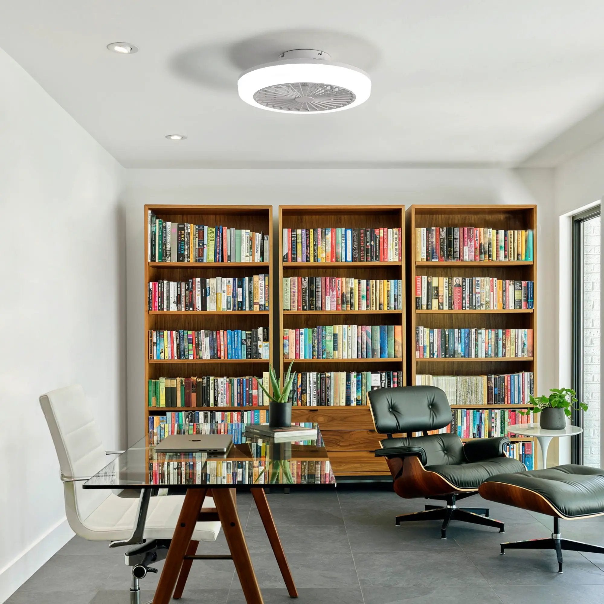 Enclosed Ceiling Fan With Light And Remote, Flush Mount Bladeless Low Profile - White by Unique Piece Furniture
