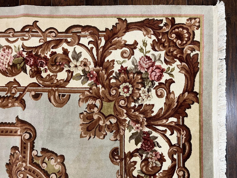 Aubusson Rug 10x13, Cream and Light Mint Green Hand Knotted Handmade French Savonnerie European Carpet, Wool Pile, Large Room Sized Vintage by Jewel Rugs