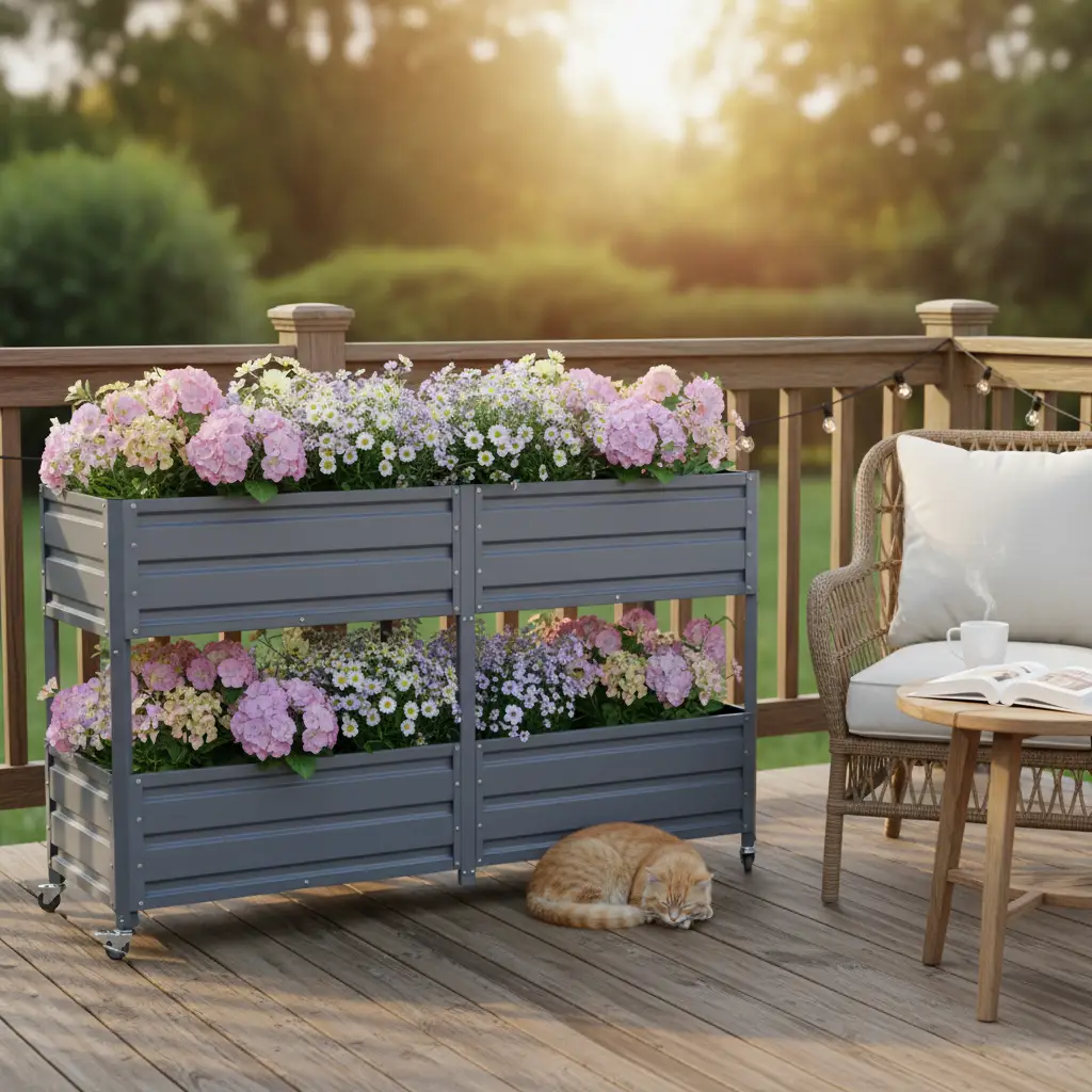 Dual Tier Elevated Metal Raised Garden Bed with Lockable Wheels by HouseOfZazla