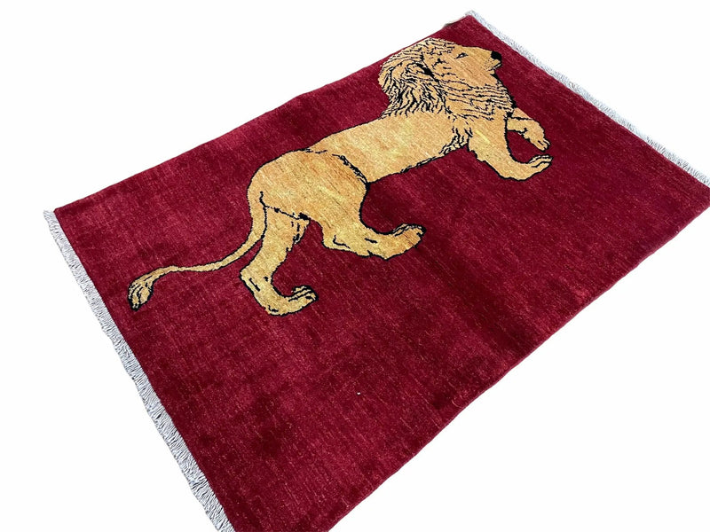 3 X 5 Handmade Hand-Knotted Quality Wool Rug Lion Red Veg Dyes Tribal Pictorial by Jewel Rugs