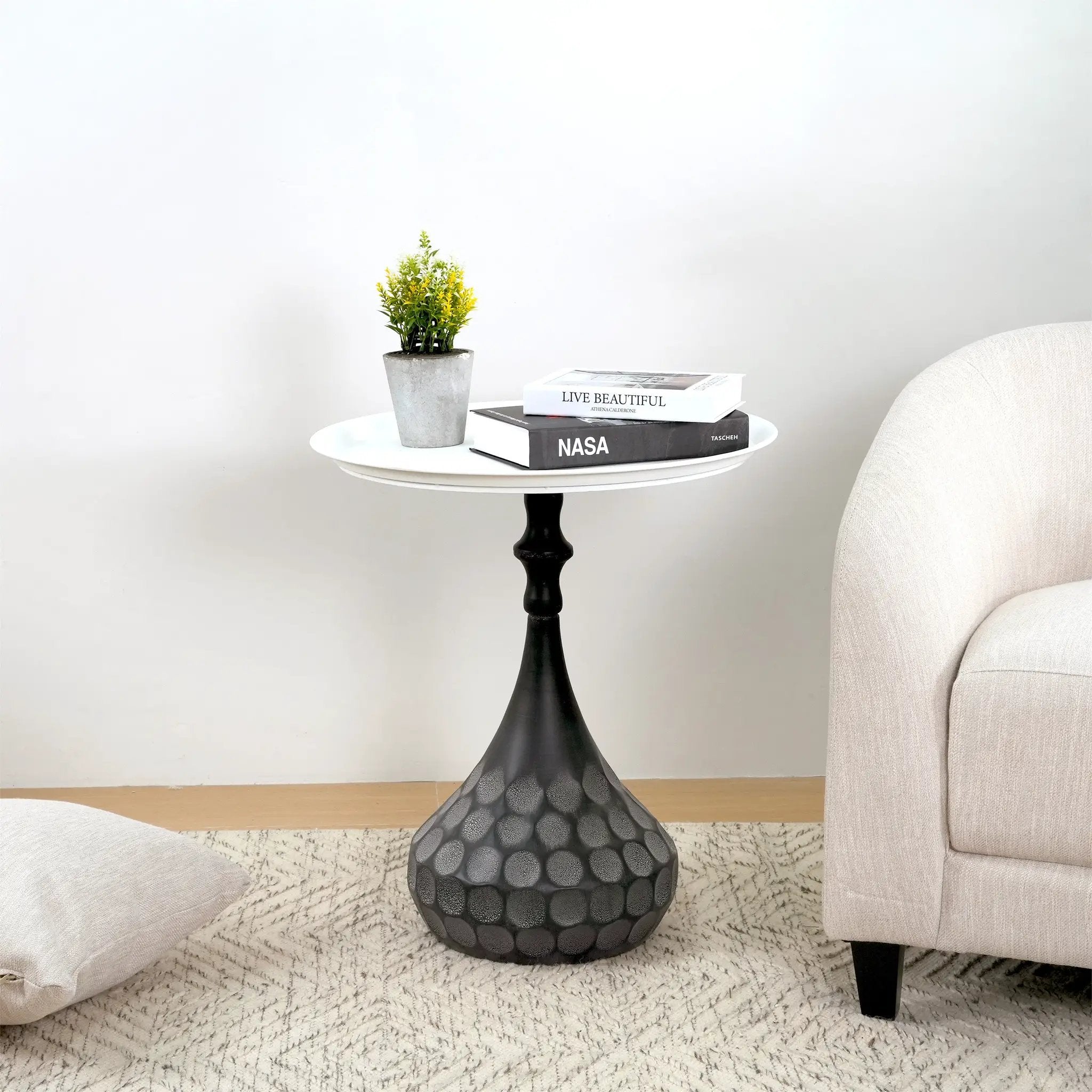 Accent Metal Coffee Table, Pedestal Table for Living Room, Hand-Hammered Texture, White+Black by HouseOfZazla