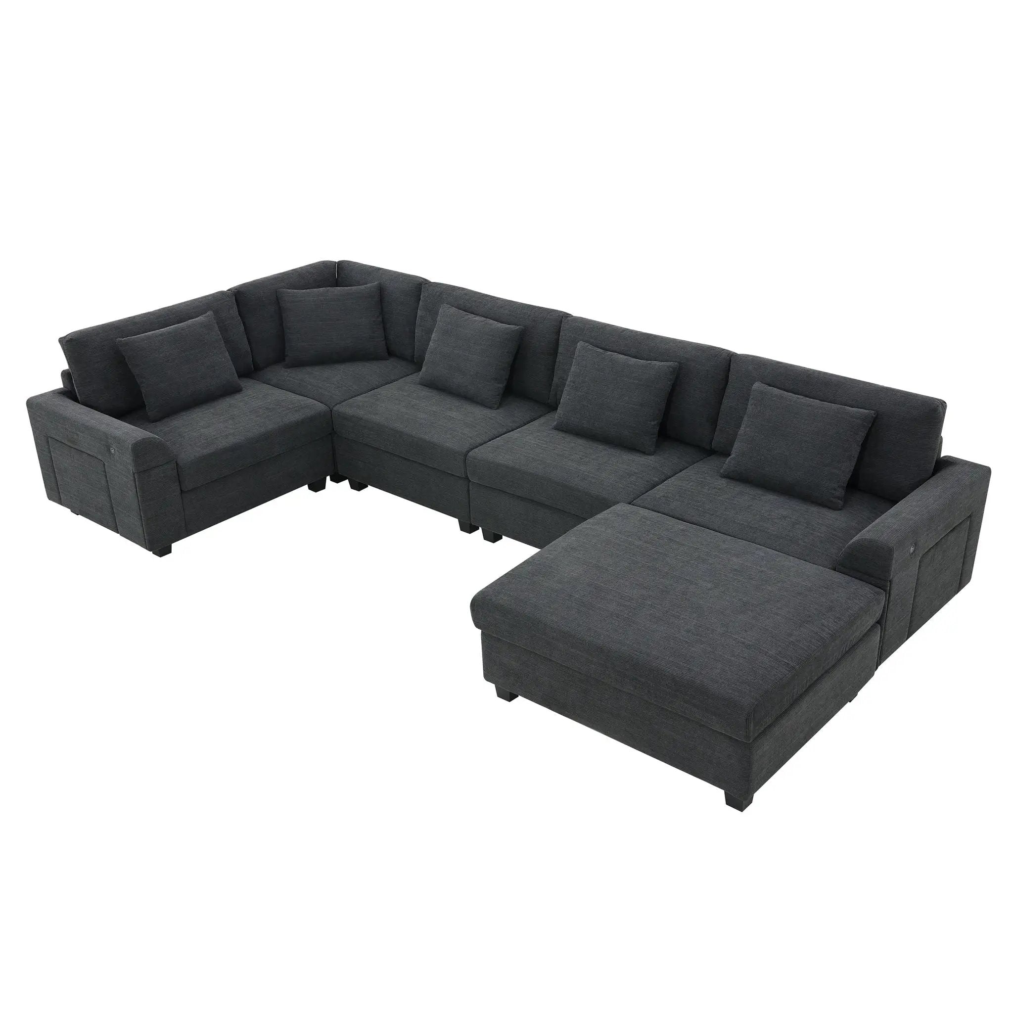 U Shaped Sectional Sofa 6 Seat Couch Set With Oversized Ottoman, Hidden Armrest Storage And Cup Holders USB Charging Ports Wide Seat Sofa by HouseOfZazla