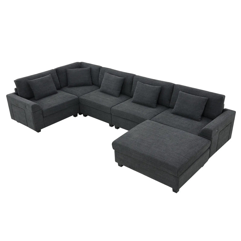 U Shaped Sectional Sofa 6 Seat Couch Set With Oversized Ottoman, Hidden Armrest Storage And Cup Holders USB Charging Ports Wide Seat Sofa by HouseOfZazla