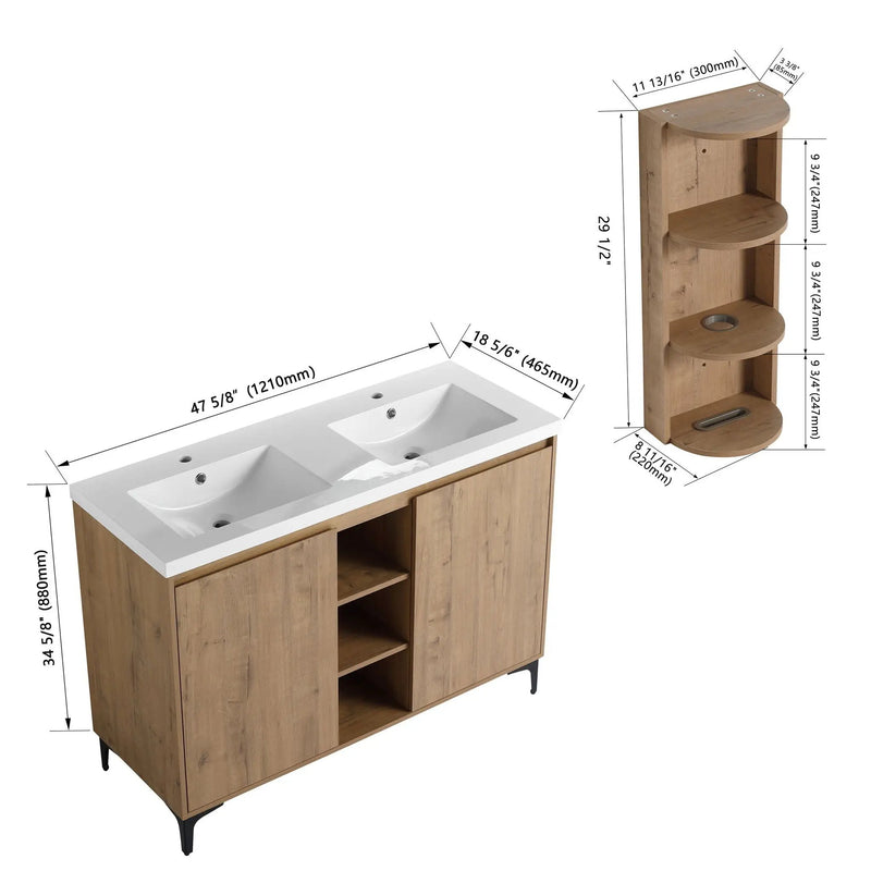 Elegant 48" Freestanding Bathroom Vanity With Double Resin Sink And Storage Rack Soft Close Doors - Imitative Oak by HouseOfZazla