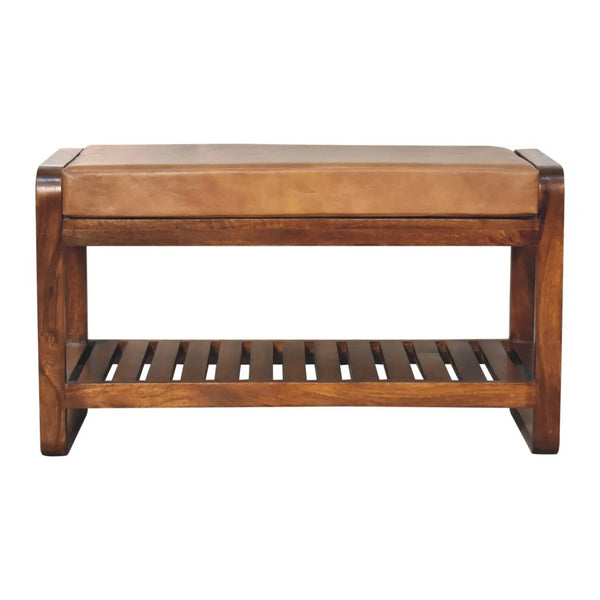 Solid Wood Small Buffalo Slatted Bench, Leather Upholstered, Open Storage, photo 2 of 10