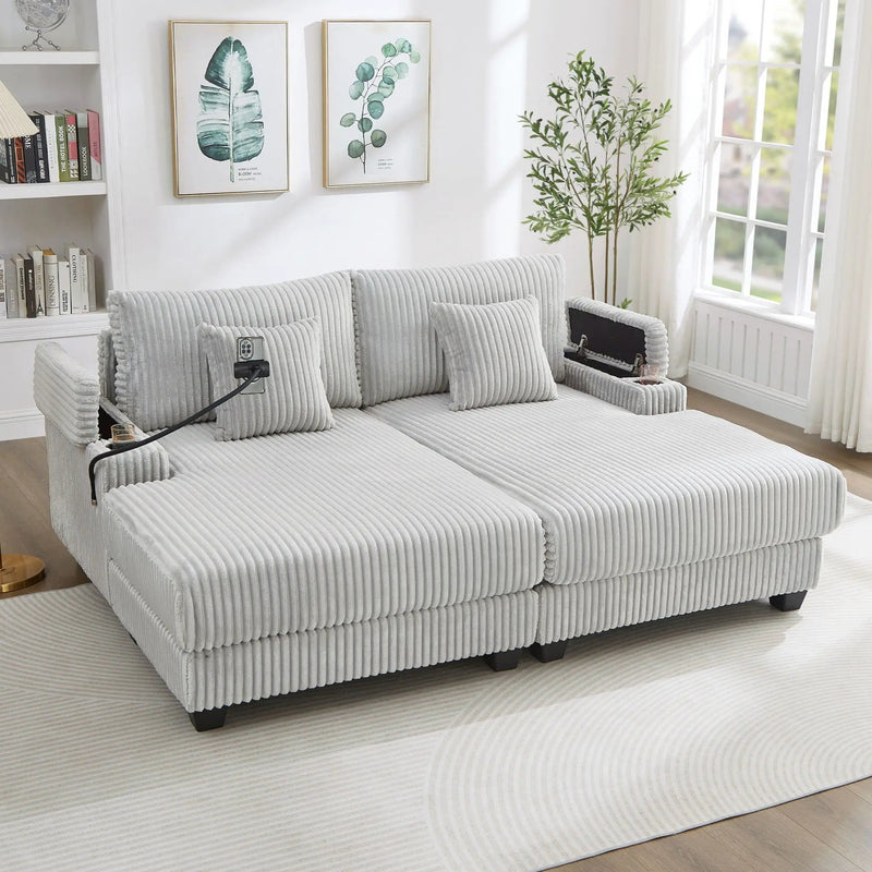 Modern Chaise Sofa With Adjustable Backrest, Cup Holders, Phone Holder & Storage Compartments For Living Room by Unique Piece Furniture