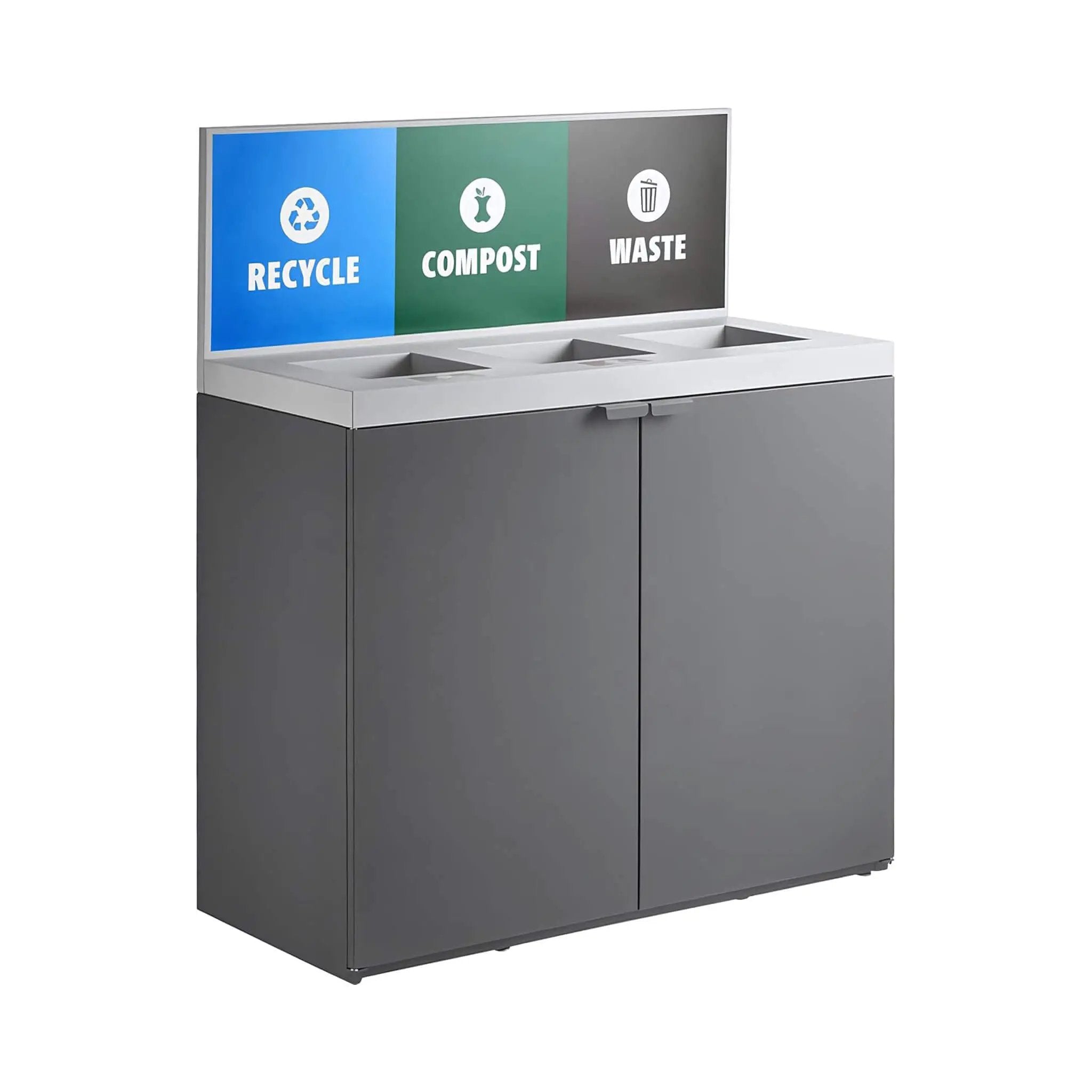 86-Gallon Heavy-Duty Commercial Steel Three-Stream Trash Can Cabinet With Panel (SAK96241) by SAKSBY WHOLESALE