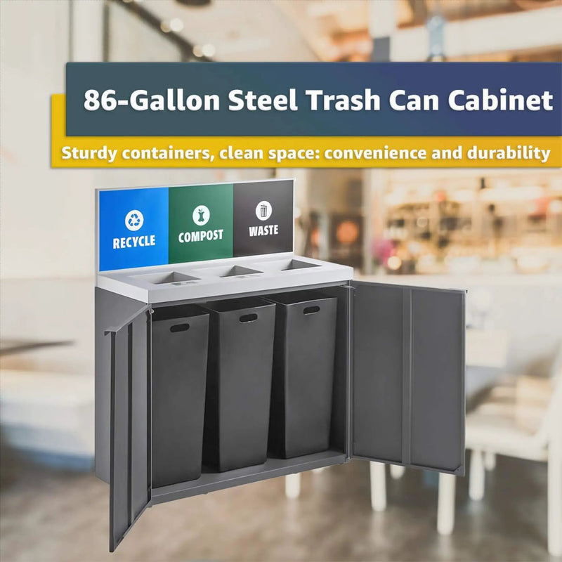 86-Gallon Heavy-Duty Commercial Steel Three-Stream Trash Can Cabinet With Panel (SAK96241) by SAKSBY WHOLESALE