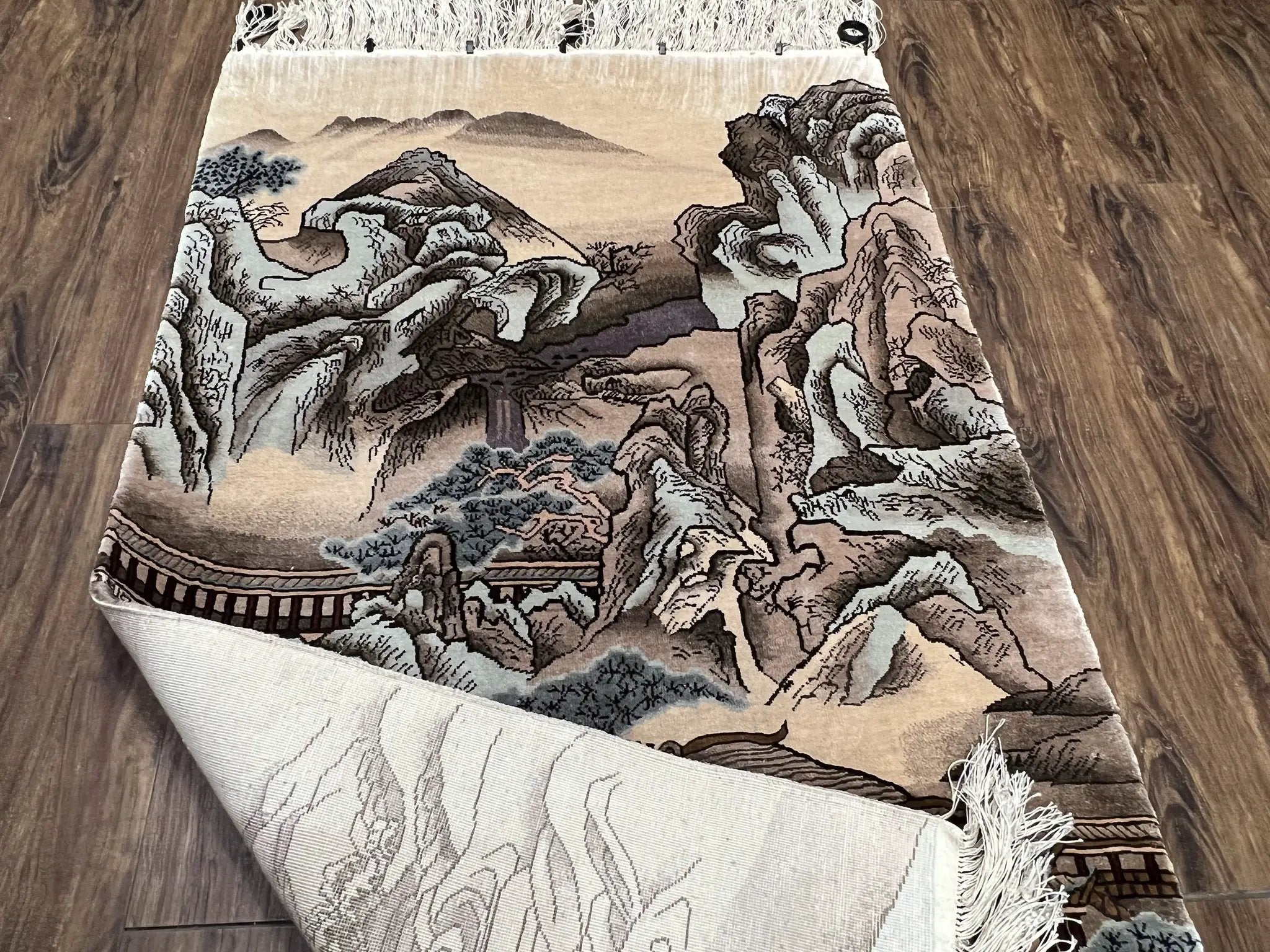 Silk Chinese Wall Hanging Rug 3x6 ft Tapestry, Pagoda Scene, Pictorial, High Quality Fine Hand Knotted Vintage, Asian Oriental Handmade Nice by Jewel Rugs