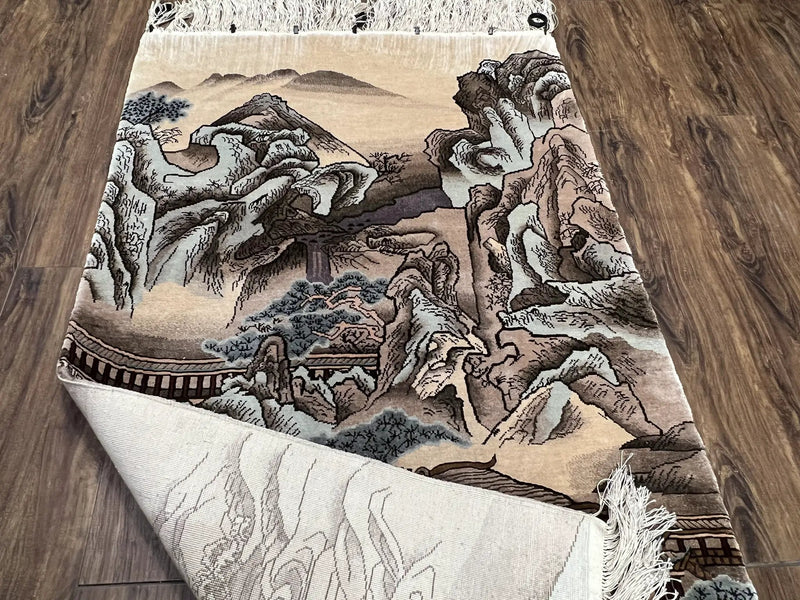 Silk Chinese Wall Hanging Rug 3x6 ft Tapestry, Pagoda Scene, Pictorial, High Quality Fine Hand Knotted Vintage, Asian Oriental Handmade Nice by Jewel Rugs