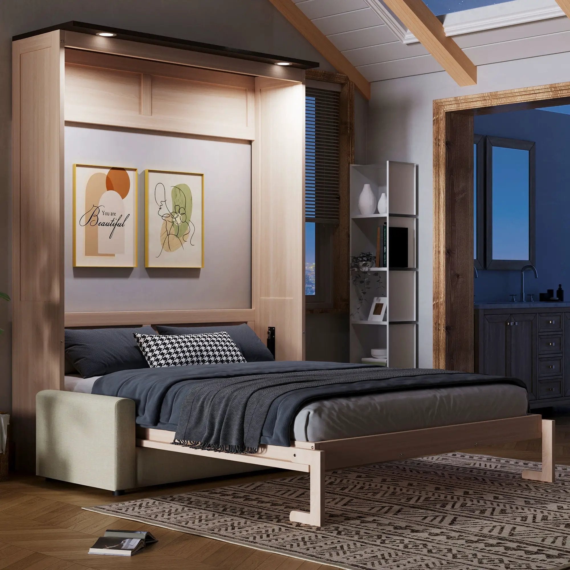 Queen Size Murphy Bed With Sofa And LED - Beige by Unique Piece Furniture