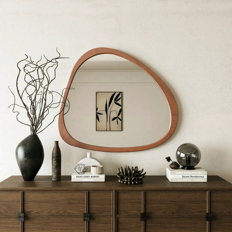 Asymmetrical Wall Mirror Wooden Framed Mirror Large Sized Dressing Mirror, For Living Room, Bedroom, Bathroom, Hallway Or Entry Way - Natural Wood by HouseOfZazla