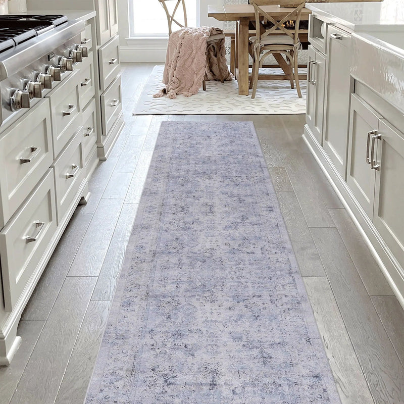 Maval - 2'6'' X 10' Washable Runner Rug - Blue / Cream by HouseOfZazla