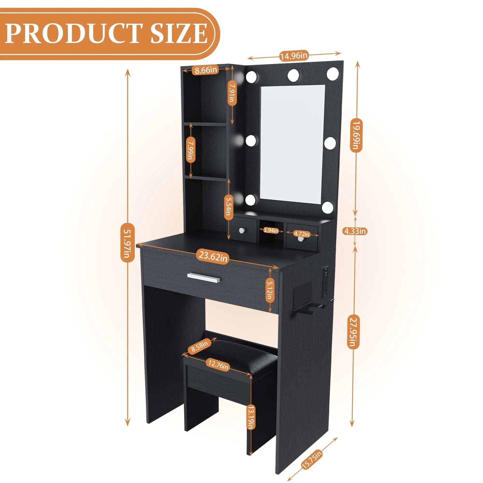 Vanity Table With Mirror, Adjustable LED Lights, Power Outlet, Hairdryer Holder & Stool by Unique Piece Furniture