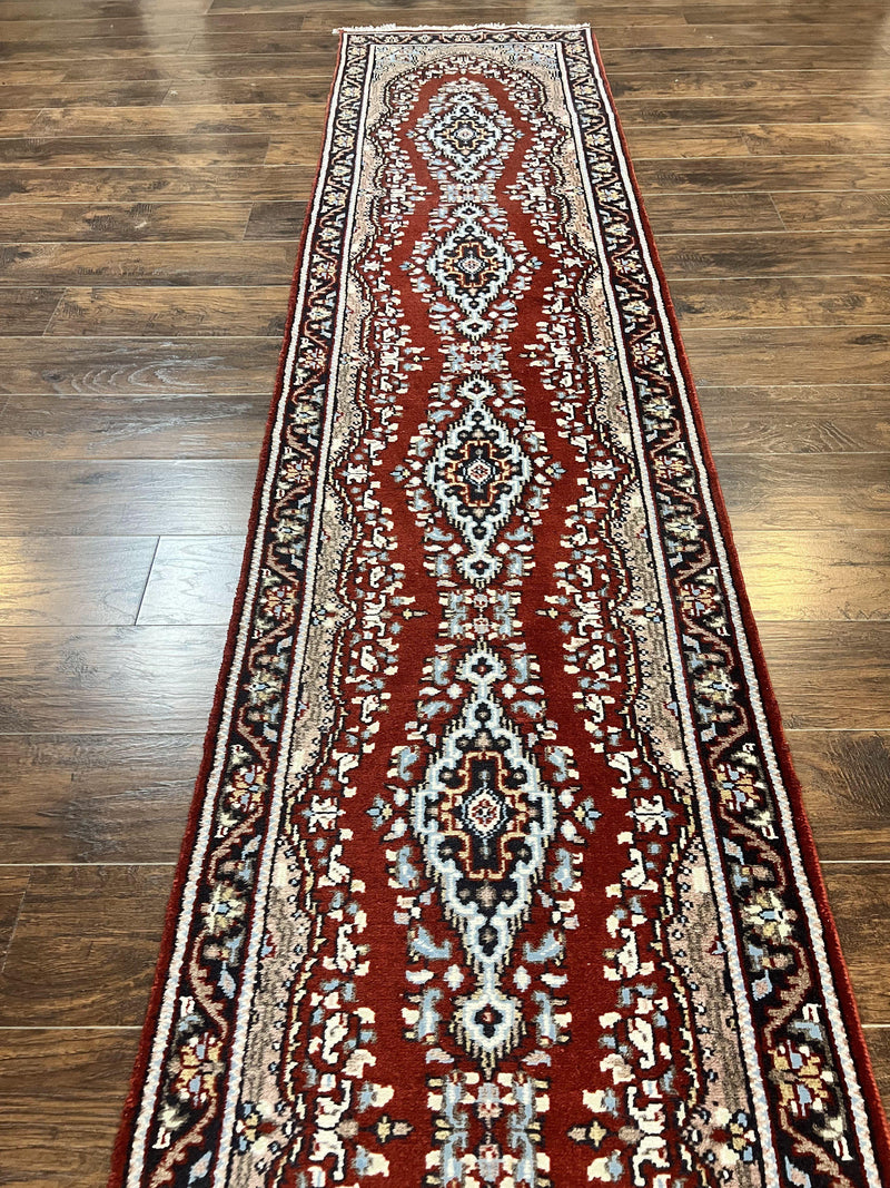 Indo Persian Runner Rug 2.8 x 14.8, Long Indo Kirman Hallway Rug, Red Floral Wool Vintage Handmade Oriental Runner by Jewel Rugs