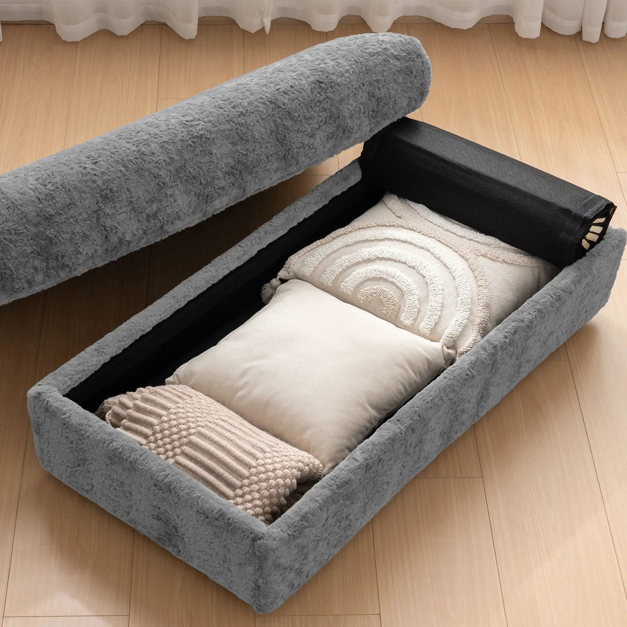 Oversized Chaise Lounge Indoor Rabbit Fur Sofa Bed With Storage Ottoman And Armrests Cup Holders With Deep Seat by HouseOfZazla