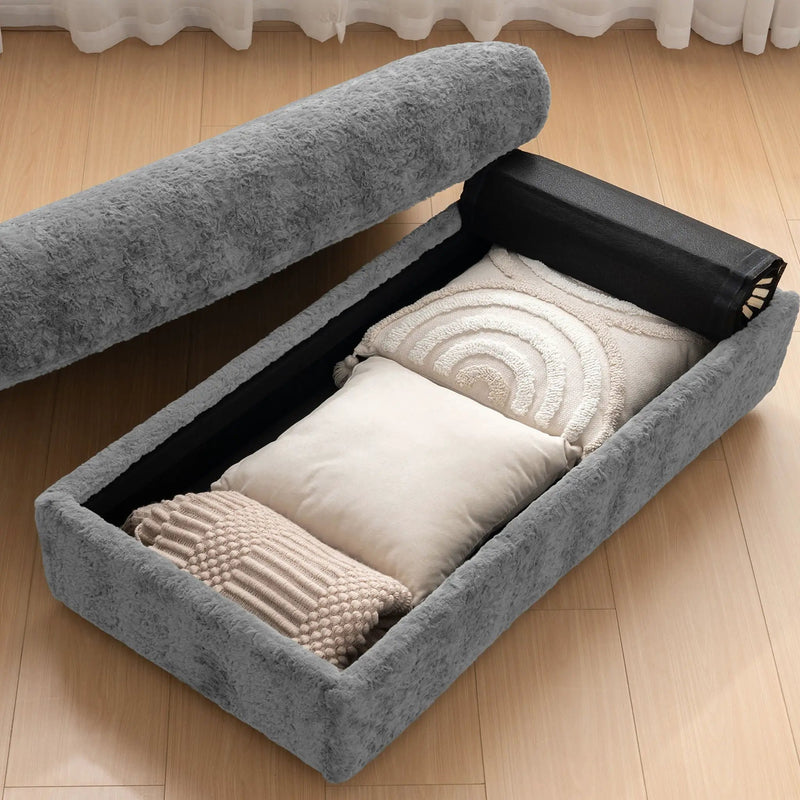 Oversized Chaise Lounge Indoor Rabbit Fur Sofa Bed With Storage Ottoman And Armrests Cup Holders With Deep Seat by HouseOfZazla