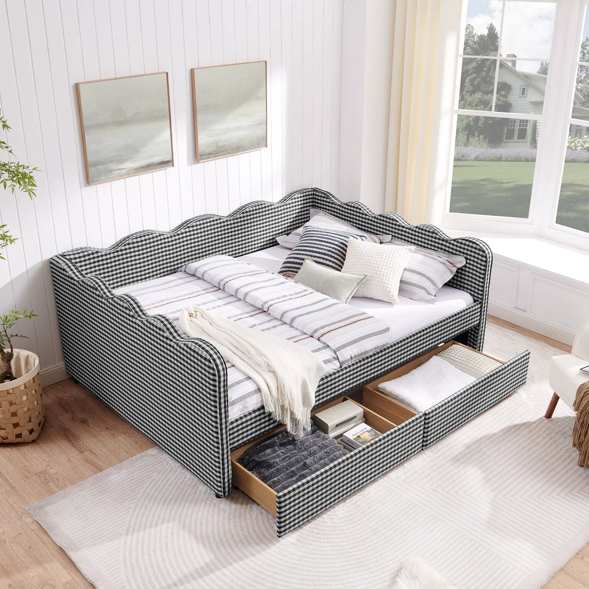 Gingham Daybed With USB Charging Port, Wave-Shaped Design by Unique Piece Furniture