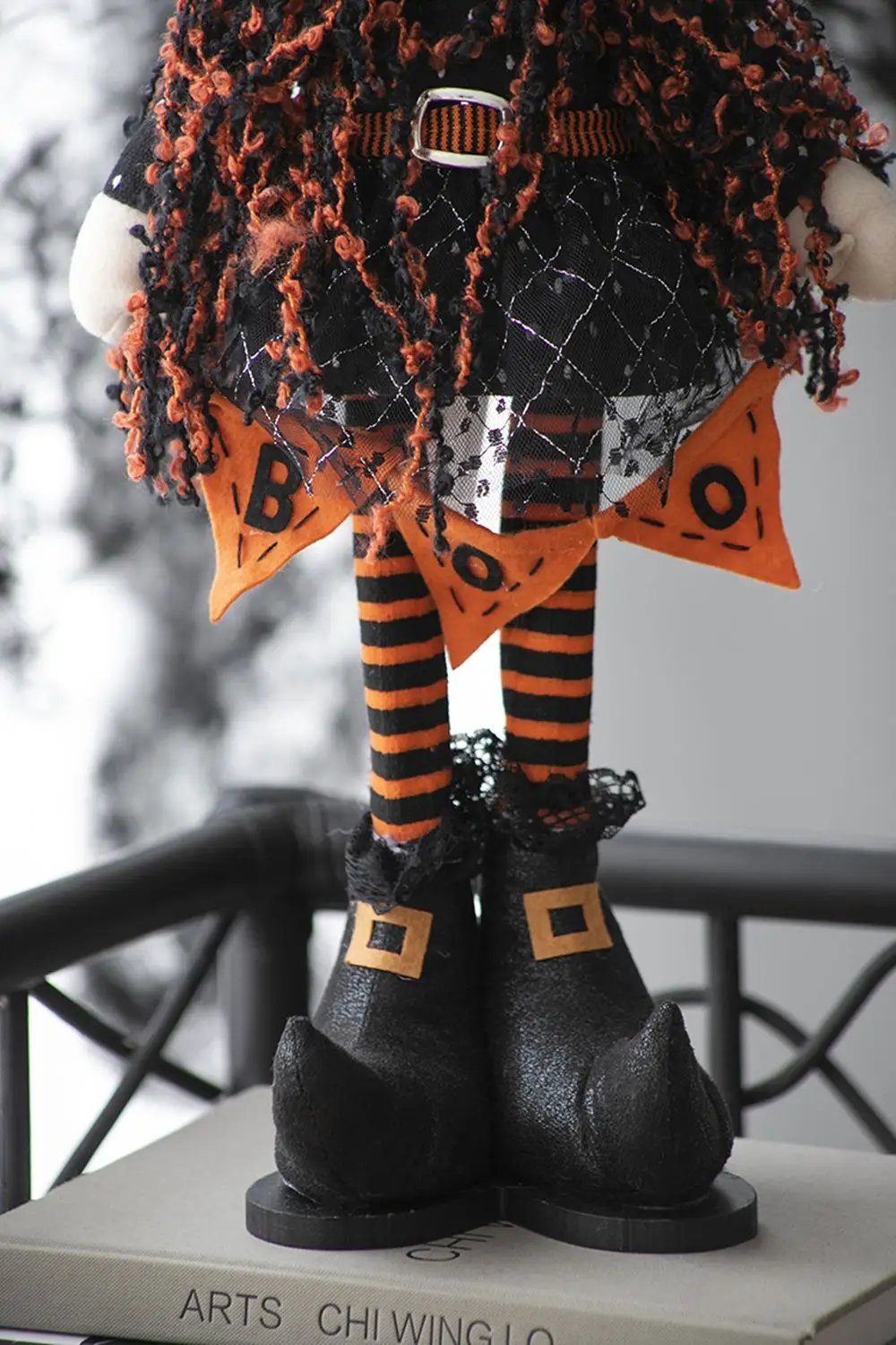 Standing Gnome With Banner & Spring Body, For Halloween Decor - Black / Orange / White by HouseOfZazla